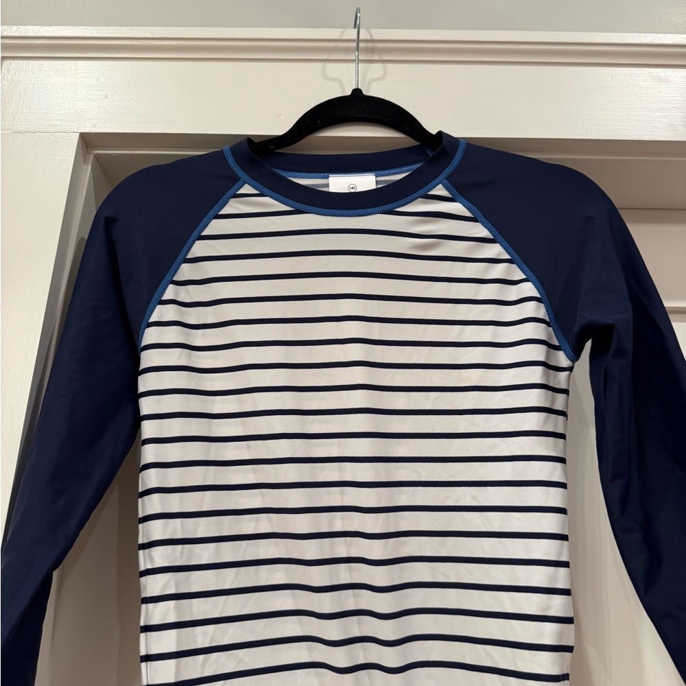 Navy and White Striped Long Sleeve Boys Rash Guard Top